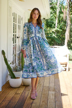 Load image into Gallery viewer, Gardenia Blue/White/Green Paisley Print Long Sleeve Dress