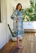 Load image into Gallery viewer, Gardenia Blue/White/Green Paisley Print Long Sleeve Dress