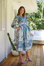 Load image into Gallery viewer, Gardenia Blue/White/Green Paisley Print Long Sleeve Dress