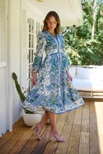 Load image into Gallery viewer, Gardenia Blue/White/Green Paisley Print Long Sleeve Dress