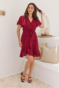 Zahara Chiffon Plum Red Cross Over Tie Waist Evening Dress