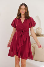 Load image into Gallery viewer, Zahara Chiffon Plum Red Cross Over Tie Waist Evening Dress