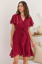 Load image into Gallery viewer, Zahara Chiffon Plum Red Cross Over Tie Waist Evening Dress