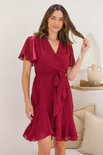 Load image into Gallery viewer, Zahara Chiffon Plum Red Cross Over Tie Waist Evening Dress