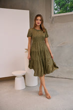Load image into Gallery viewer, Caroline Khaki Speckled Print Shirred Tiered Dress