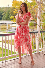 Load image into Gallery viewer, Aida Pink/Red Floral Print Frill Evening Dress
