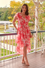 Load image into Gallery viewer, Aida Pink/Red Floral Print Frill Evening Dress