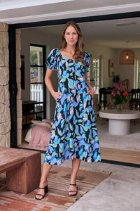 Lulu Tie Front Blue Multi Geo Print Midi Dress