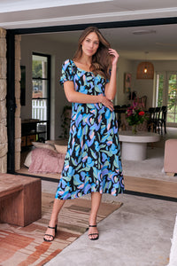 Lulu Tie Front Blue Multi Geo Print Midi Dress