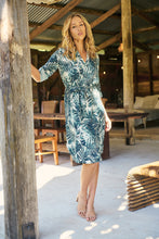 Load image into Gallery viewer, Dekota Long Sleeve Green/Blue Palm Print Dress