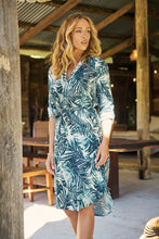 Load image into Gallery viewer, Dekota Long Sleeve Green/Blue Palm Print Dress