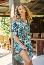 Load image into Gallery viewer, Dekota Long Sleeve Green/Blue Palm Print Dress
