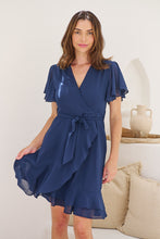 Load image into Gallery viewer, Zahara Chiffon Navy Cross Over Tie Waist Evening Dress