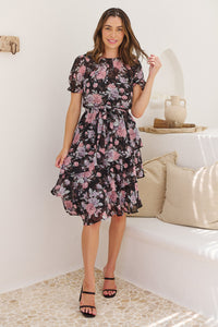 Tullia Black/Purple/Grey Frill Floral Evening Dress