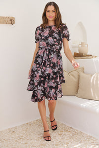 Tullia Black/Purple/Grey Frill Floral Evening Dress