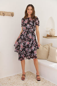 Tullia Black/Purple/Grey Frill Floral Evening Dress