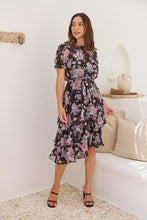 Load image into Gallery viewer, Tullia Black/Purple/Grey Frill Floral Evening Dress