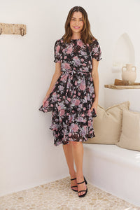 Tullia Black/Purple/Grey Frill Floral Evening Dress
