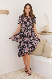 Tullia Black/Purple/Grey Frill Floral Evening Dress