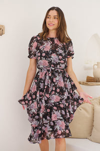 Tullia Black/Purple/Grey Frill Floral Evening Dress