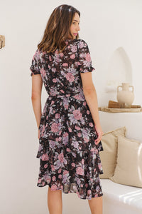 Tullia Black/Purple/Grey Frill Floral Evening Dress