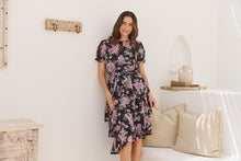 Load image into Gallery viewer, Tullia Black/Purple/Grey Frill Floral Evening Dress