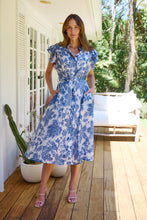 Load image into Gallery viewer, Olivia White/Blue Frill Sleeve Floral Button Belted Midi Dress