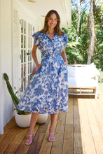 Load image into Gallery viewer, Olivia White/Blue Frill Sleeve Floral Button Belted Midi Dress