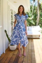 Load image into Gallery viewer, Olivia White/Blue Frill Sleeve Floral Button Belted Midi Dress