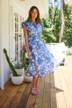 Load image into Gallery viewer, Olivia White/Blue Frill Sleeve Floral Button Belted Midi Dress