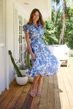 Load image into Gallery viewer, Olivia White/Blue Frill Sleeve Floral Button Belted Midi Dress