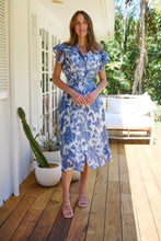 Load image into Gallery viewer, Olivia White/Blue Frill Sleeve Floral Button Belted Midi Dress