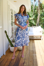 Load image into Gallery viewer, Olivia White/Blue Frill Sleeve Floral Button Belted Midi Dress