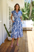 Load image into Gallery viewer, Olivia White/Blue Frill Sleeve Floral Button Belted Midi Dress