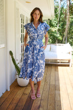 Load image into Gallery viewer, Olivia White/Blue Frill Sleeve Floral Button Belted Midi Dress