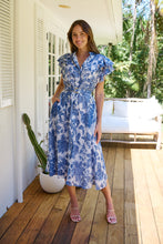 Load image into Gallery viewer, Olivia White/Blue Frill Sleeve Floral Button Belted Midi Dress