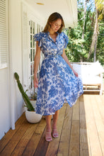 Load image into Gallery viewer, Olivia White/Blue Frill Sleeve Floral Button Belted Midi Dress