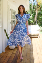 Load image into Gallery viewer, Olivia White/Blue Frill Sleeve Floral Button Belted Midi Dress