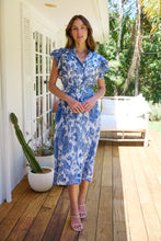 Load image into Gallery viewer, Olivia White/Blue Frill Sleeve Floral Button Belted Midi Dress