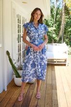 Load image into Gallery viewer, Olivia White/Blue Frill Sleeve Floral Button Belted Midi Dress