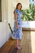 Load image into Gallery viewer, Olivia White/Blue Frill Sleeve Floral Button Belted Midi Dress
