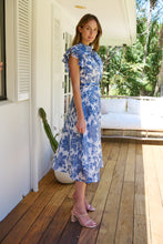 Load image into Gallery viewer, Olivia White/Blue Frill Sleeve Floral Button Belted Midi Dress