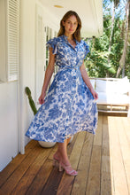 Load image into Gallery viewer, Olivia White/Blue Frill Sleeve Floral Button Belted Midi Dress