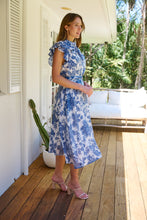 Load image into Gallery viewer, Olivia White/Blue Frill Sleeve Floral Button Belted Midi Dress