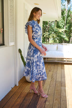 Load image into Gallery viewer, Olivia White/Blue Frill Sleeve Floral Button Belted Midi Dress