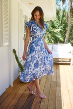 Load image into Gallery viewer, Olivia White/Blue Frill Sleeve Floral Button Belted Midi Dress