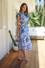Load image into Gallery viewer, Olivia White/Blue Frill Sleeve Floral Button Belted Midi Dress