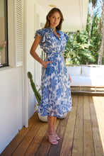 Load image into Gallery viewer, Olivia White/Blue Frill Sleeve Floral Button Belted Midi Dress