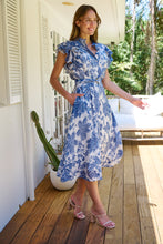 Load image into Gallery viewer, Olivia White/Blue Frill Sleeve Floral Button Belted Midi Dress