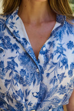 Load image into Gallery viewer, Olivia White/Blue Frill Sleeve Floral Button Belted Midi Dress